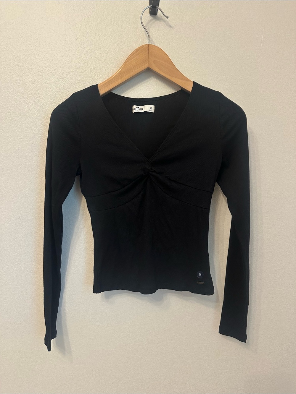 Hollister Black Long-Sleeve Twist Front V-Neck Babydoll Top Y2K Style